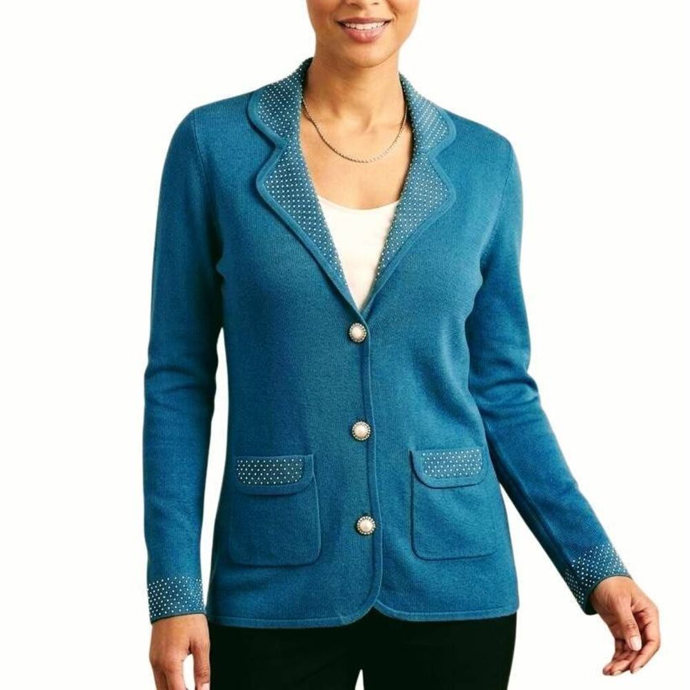 BCBGMaxazria Aegean peacock teal blue rhinestone pearl button collar cardigan XS